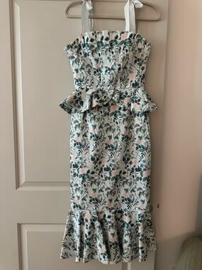 ANTONIO MELANI White Floral Peplum Midi Dress with Pink Accents